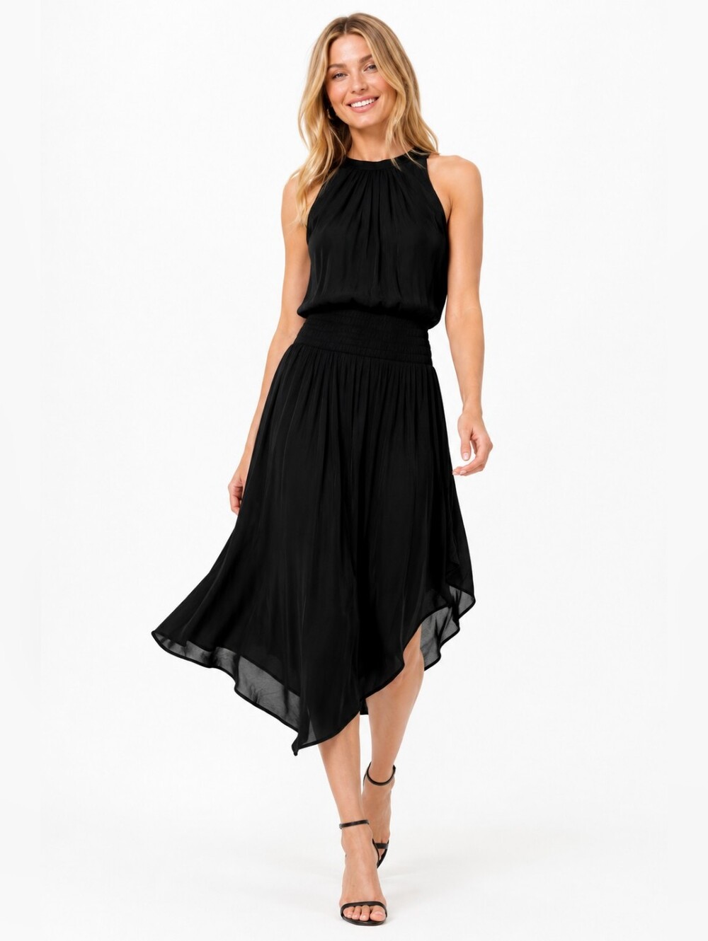 Ramy Brook Audrey Smocked Black Midi Dress | Size XS | Sleeveless